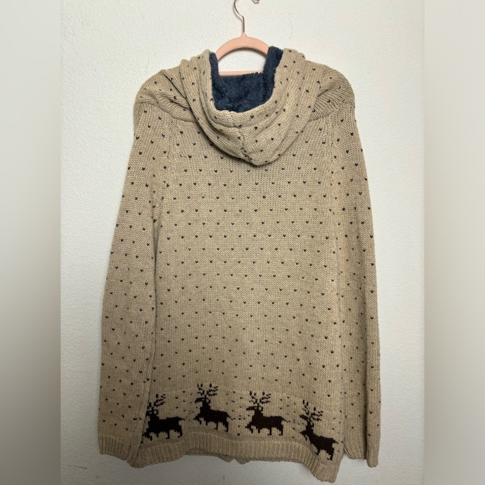 Cottagecore Cream and Brown Deer Print Sherpa Fur Lined Knit Hooded Cardigan M/L - Picture 3 of 6